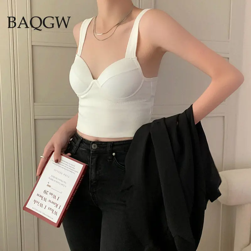 Korean Style Solid Padded Crop Top Women Sexy V Neck Beautiful Sleeveless Push Up Bra Comfortable Summer Basic Tank Top Camis