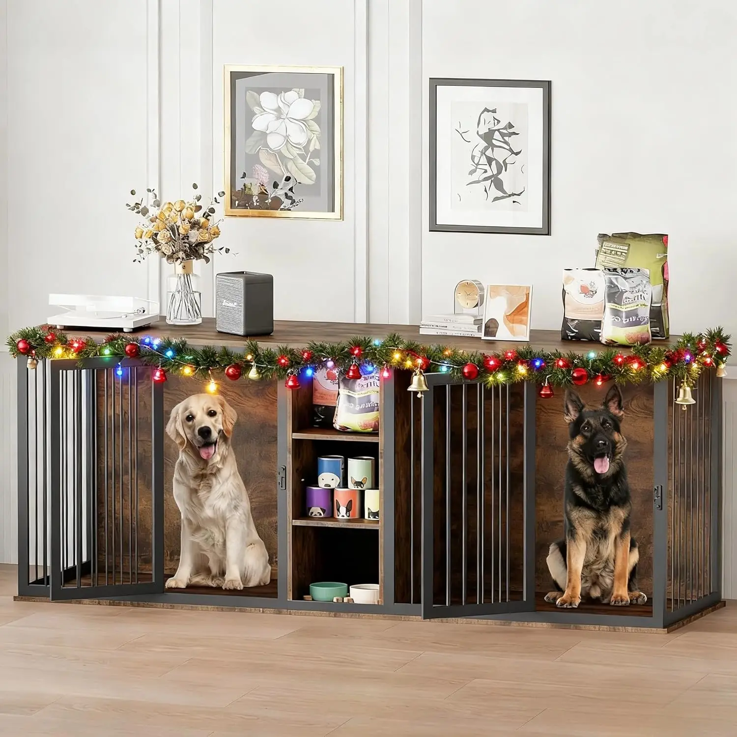 أثاث على شكل صندوق للكلاب داخلي للكلاب، بيت كلب خشبي بإطار فولاذي مقاس 79 بوصة مع لوح تقسيم قابل للتعديل ومنزلق