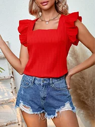 Women Fashio Square Collar Top Red Sweet T Ruffled Sleeves Slim Shirts Spring Summer Office Daily Tees Women y2k Aesthetic