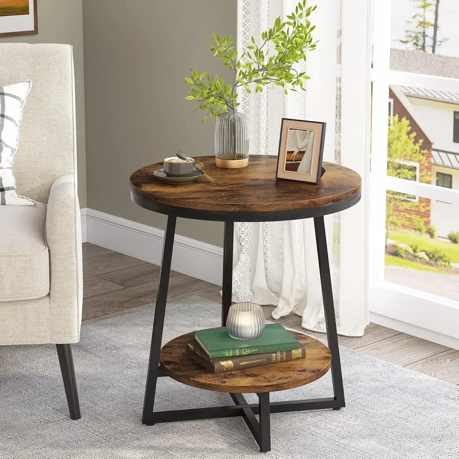 End Table, 2 Tier Round Side Table with Storage Shelf, Industrial Nightstand Bedside Table Coffee Accent Table for Living Room