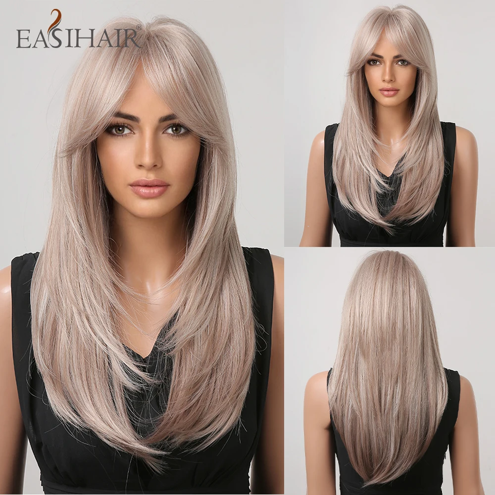 

EASIHAIR Blonde Synthetic Wigs Long Straight Layered Natural Hair Wigs for Women with Bangs Daily Cosplay Wig Heat Resistant