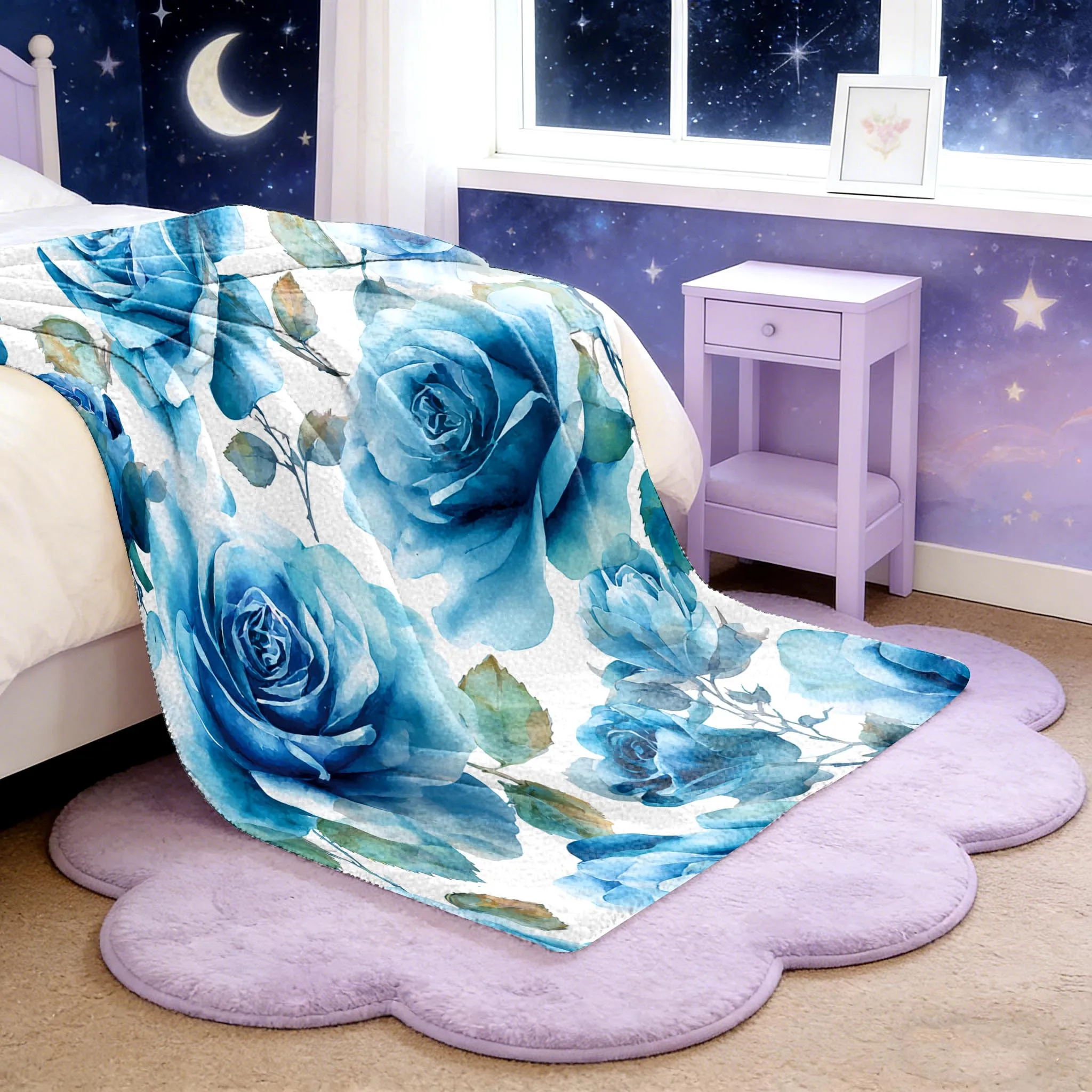 1pc Flannel Blanket, 2D Printed Throw with Blue Rose Floral Design, Perfect for Camping, Birthday Or Holiday Gifts, Versatile fo