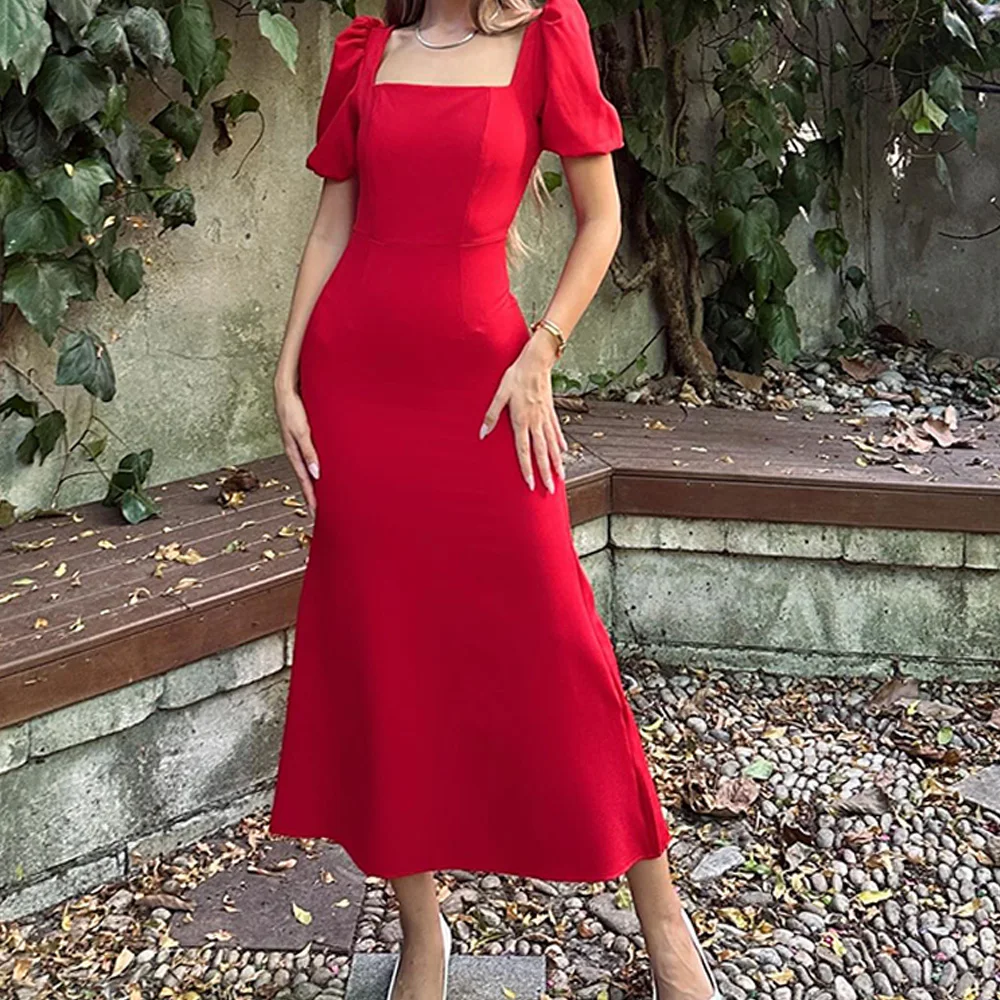 

Elegant Off the Shoulder Jersey Evening Dresses Temperament A-Line Tea Length Square Neck Short Sleeves Special Occasion Gowns