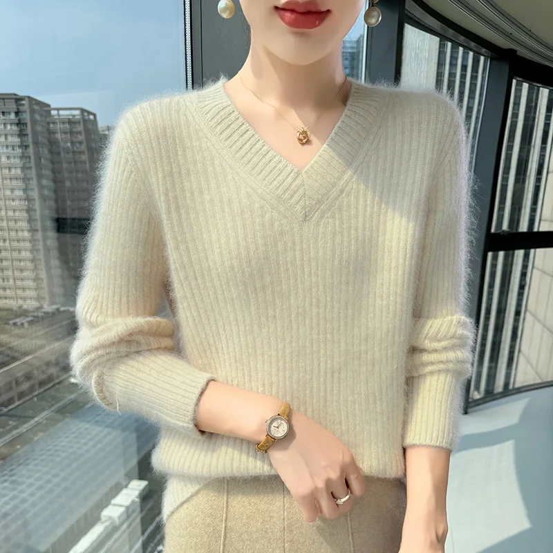 Basique femmes 100% vison cachemire pull solide pull nouveau automne hiver chaud à manches longues col en v cachemire tricots vêtements haut