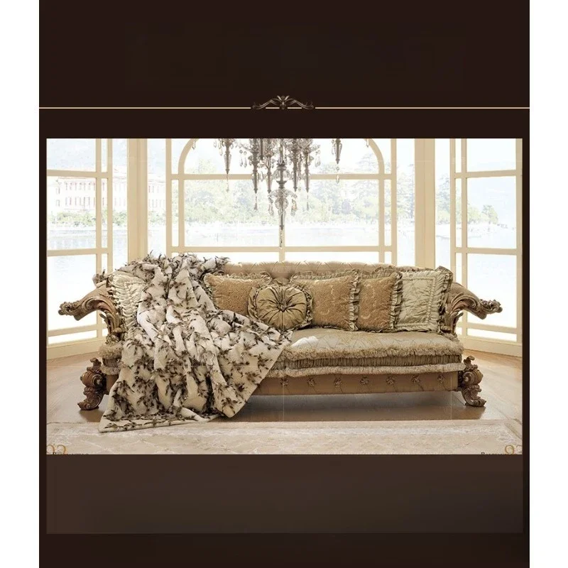 European fabric sofa large apartment living room luxury 1 combination solid wood carving flower villa French neoclassical
