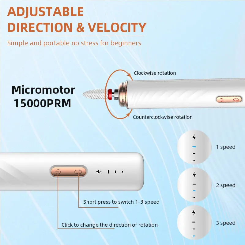 Máquina pulidora de uñas inalámbrica, lijadora eléctrica para esmalte de Gel acrílico, con Lima, 15000RPM