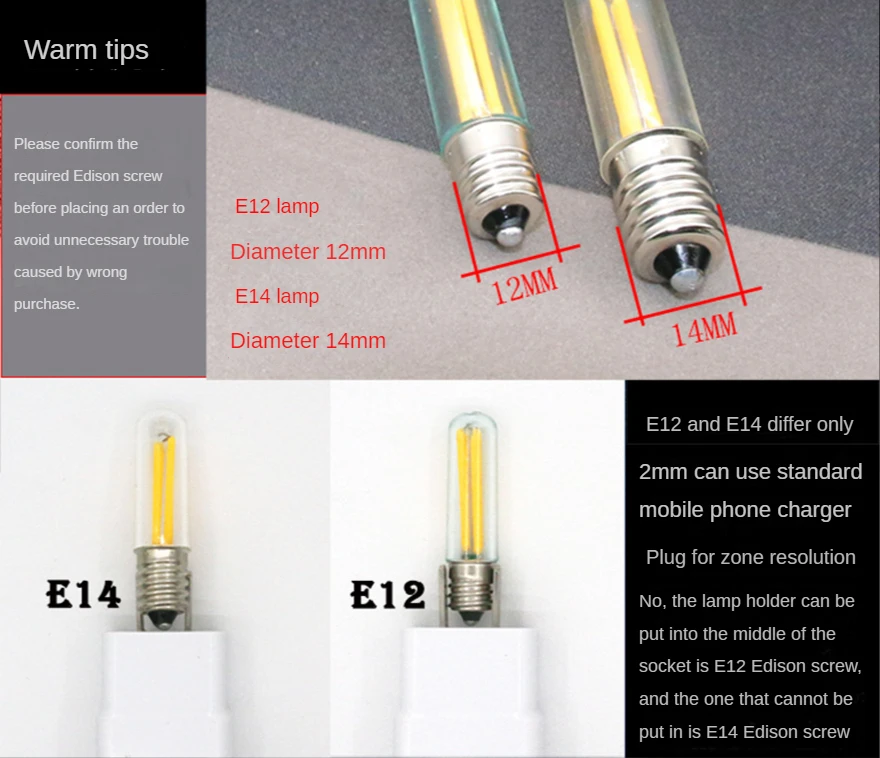 E12 E14 LED 필라멘트 전구 T16 1W/2W/4W 에디슨 전구 220V 에너지 절약 전구, 조도 조절 가능 2200K 따뜻한 화이트 전구 가정용