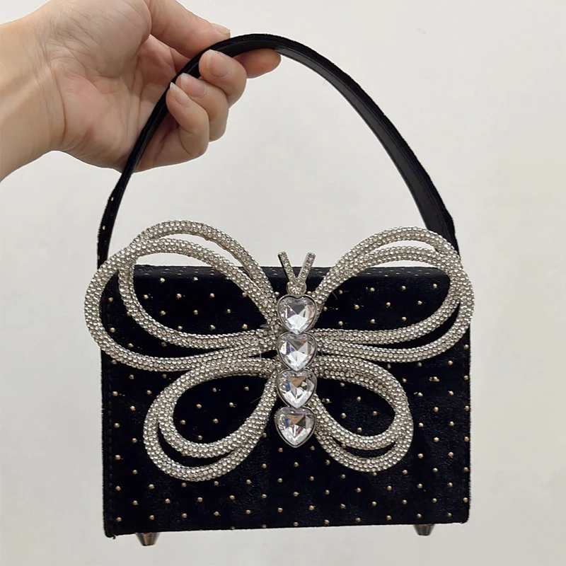 Velvet  Evening Clutch Party Bags For Women Luxury Designer Handbags And Purse 2023 New In Shiny Rhinestones Bow Rivet Decorate