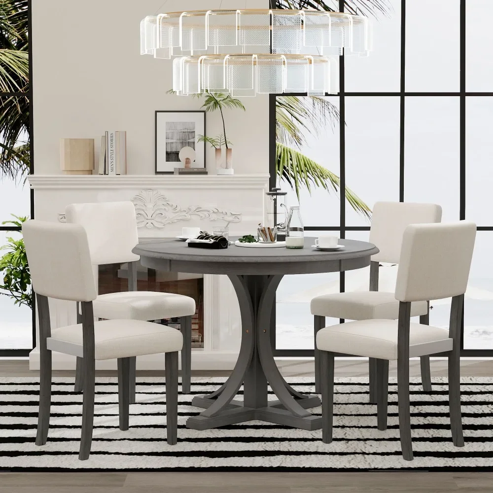 

5-Piece, with Curved Trestle Style Table Legs and 4 Upholstered Chairs for Dining Room (Dark Gray), Dining Room Sets