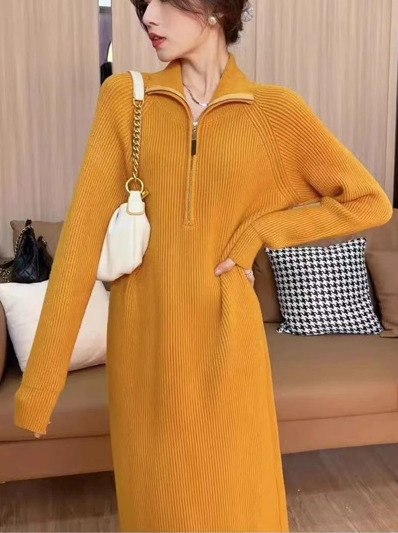 

Ladies High Neck Zipper Knitted Dress 2023 Autumn/Winter New Women's Long Sleeve Loose Sweater Dresses Casual Fashion Pullover