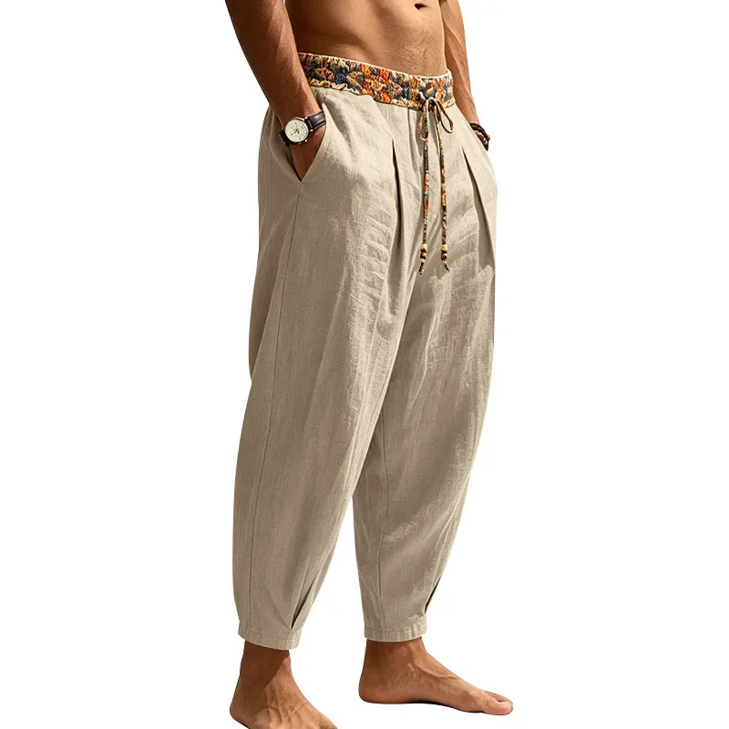 Herren 95% Leinen Haremshose Boho Blumenmuster Kordelzug Taille Lässige Weite Hose Strand Urlaub Knöchellange Hose – Detail 19
