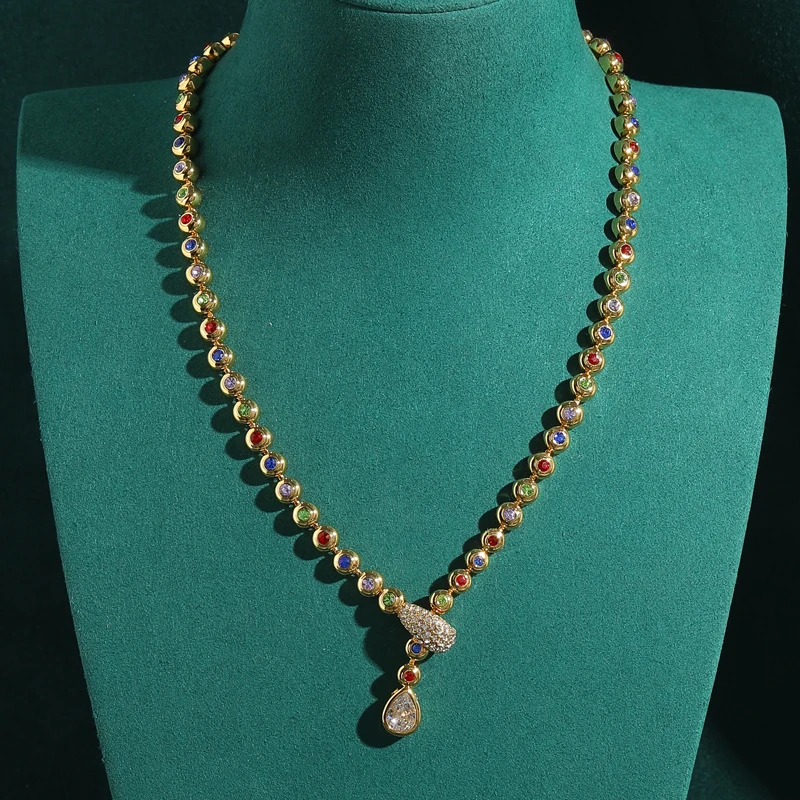 

6mm Vintage Snake Necklace For Women Water Drop Gold Color Bead With Colorful Cubic Zirconia Choker Neck Chain 2025 New