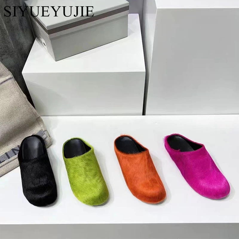 Women Horse Hair Shoes Fur Mules Flat Slippers 2024 Spring Autumn Fashion Slides Thick Sole Casual Comfortable Men Flat Slippers