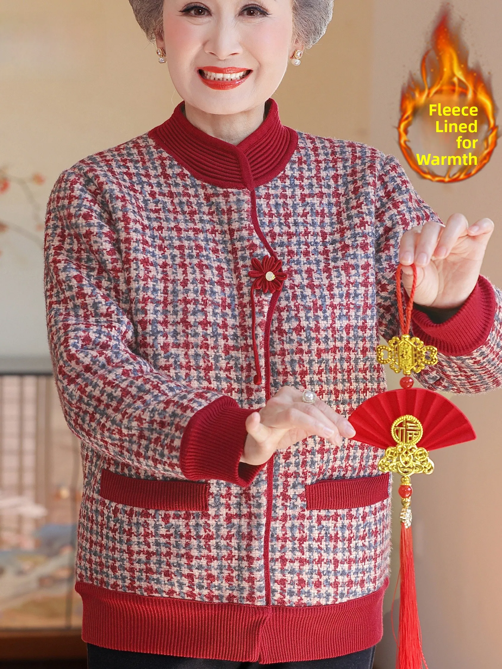 

New Chinese Sle Fce Lined Knitwear Cardigan Women's Warmth Outerwear Autumn Winter f High Collar Faionable Cheere...