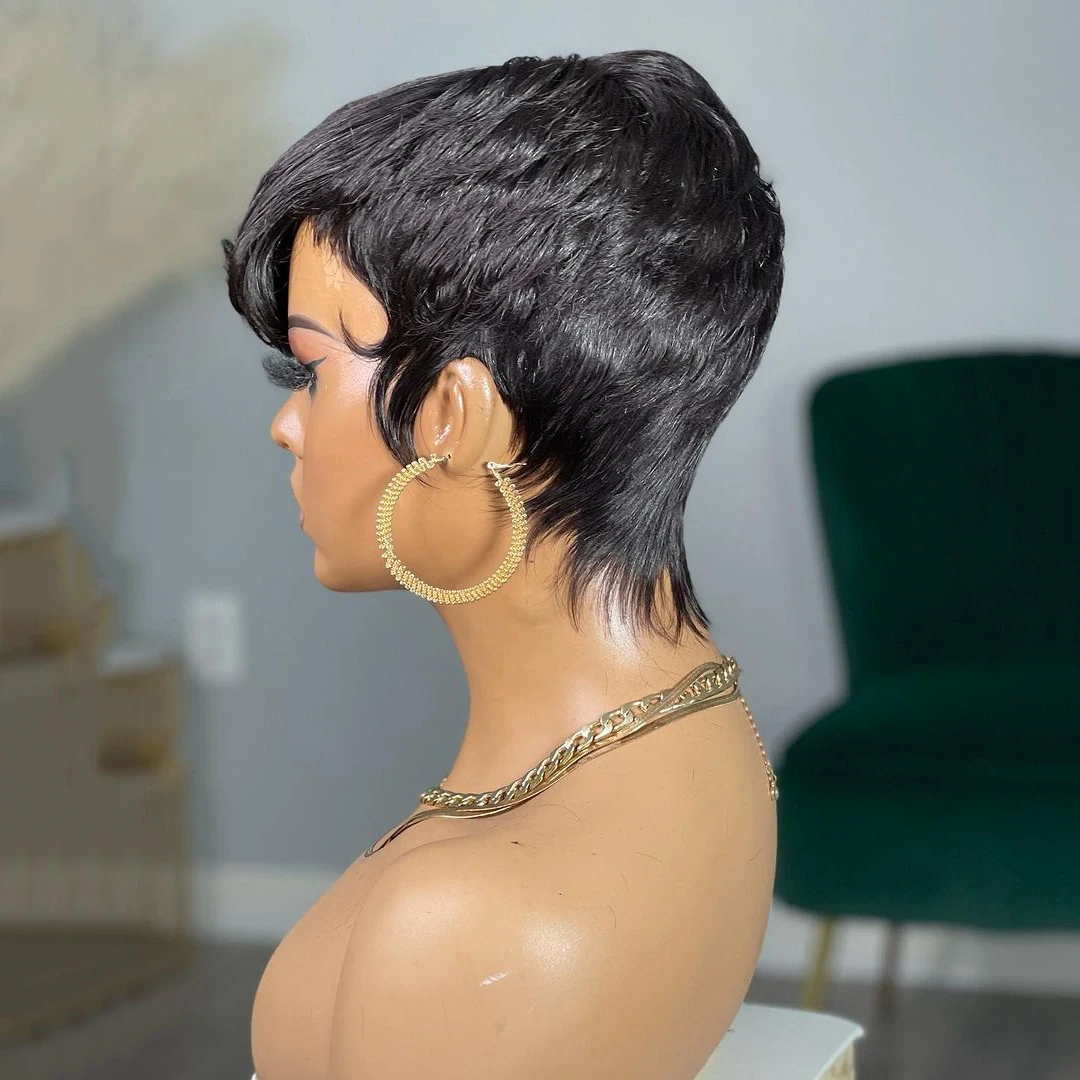 Highlight Green Color Short Pixie Cut Wig For Black Women Human Hair Short Bob Wigs 150% Density Brazilian Remy Full Machine Wig