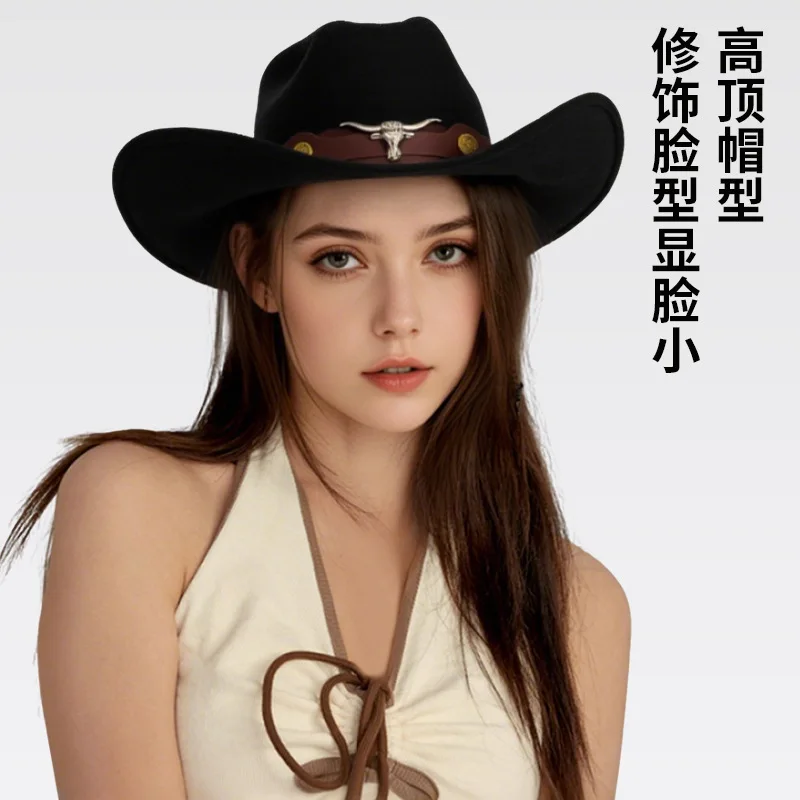 Western Cowboy Hat, Golog Tibetan Ethnic Fedora with Bull Head Decor, National Style Amazon Hot Sale Cross Border