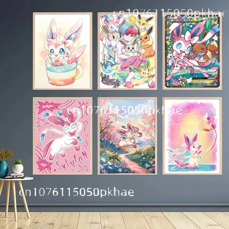 Póster de Pokémon de Anime japonés Nymphali Feelinara kez circundante, pintura en lienzo de Sylveon, arte de pared impreso, regalo para niños