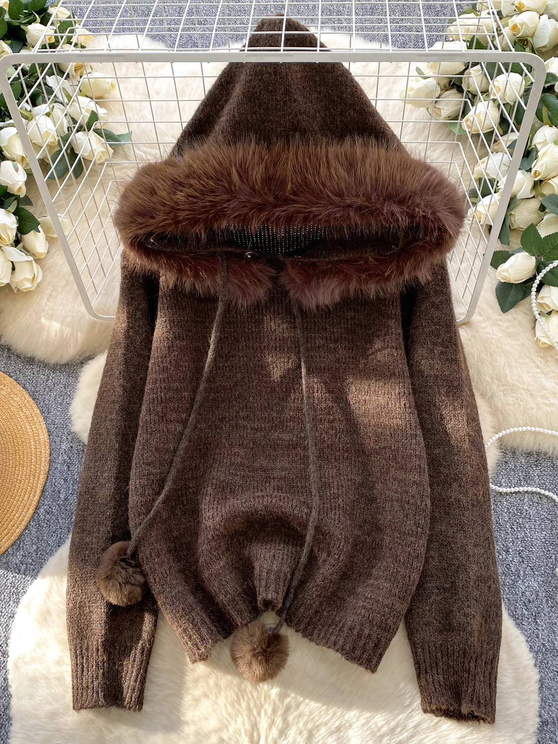 

Foamlina Women's Winter Knitted Hoodie Sweater with Furry Trim Solid Drawstring Pompoms Warm Casual Loose Jumper for Daily Wear