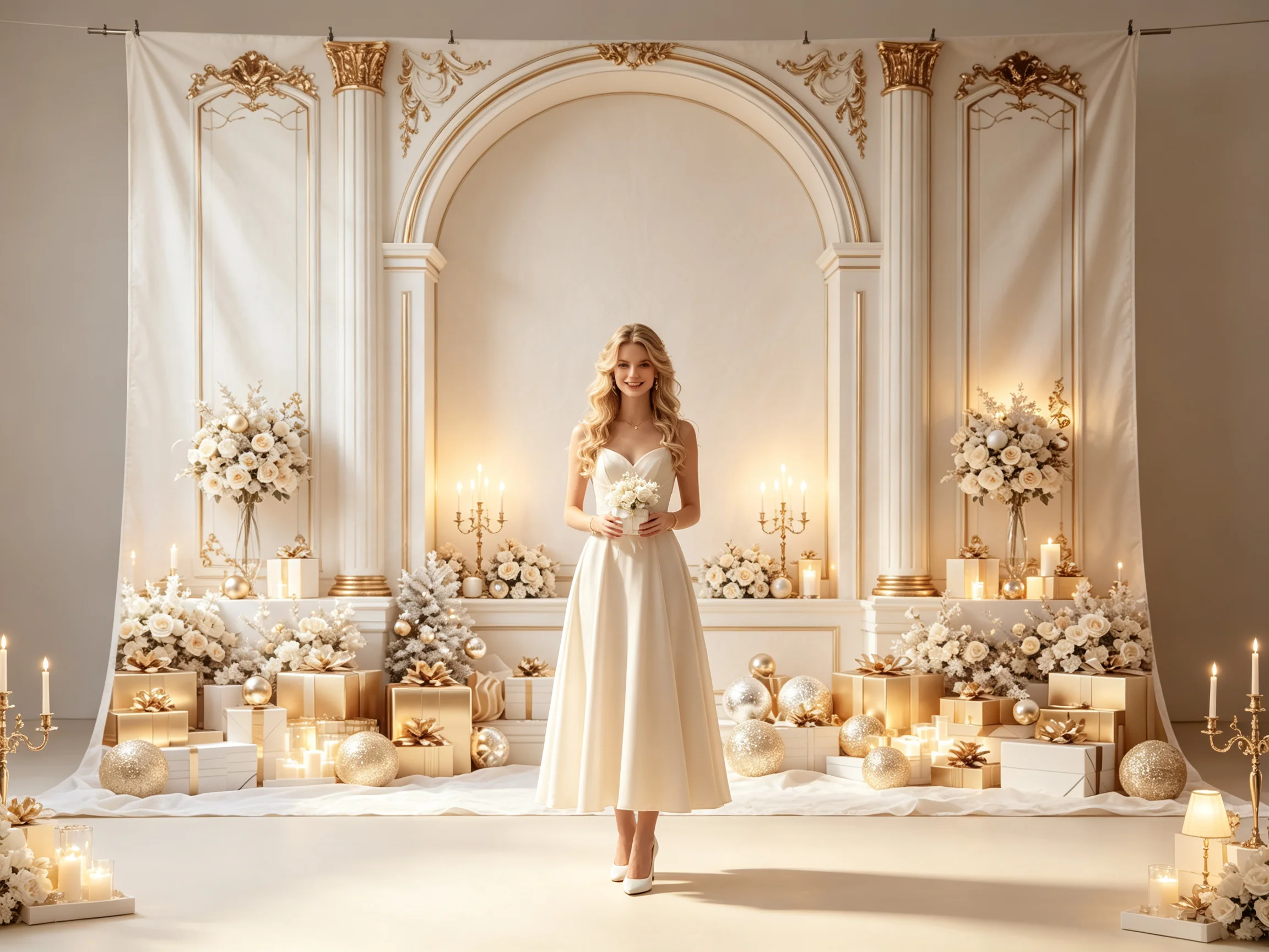 Mocsicka Luxury Palace Christmas Photography Backdrop Gold Wall Cream Floral Gift Boxes Family Portrait Photo Studio Backgrounds