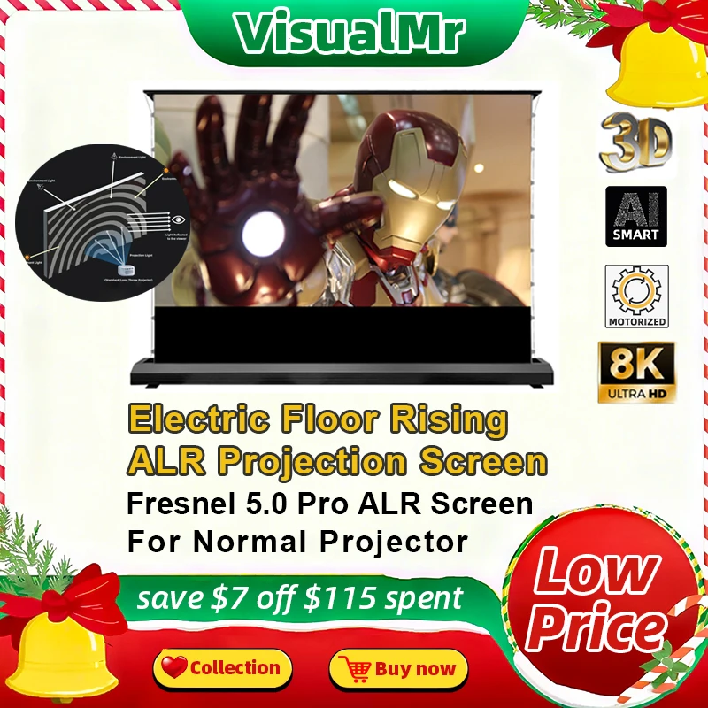 

New Electric Floor Rising Fresenl 5.0 Pro ALR Projector Screen 100inch Motorized Tab Tension Roll-up 8K HD for Normal Projectors