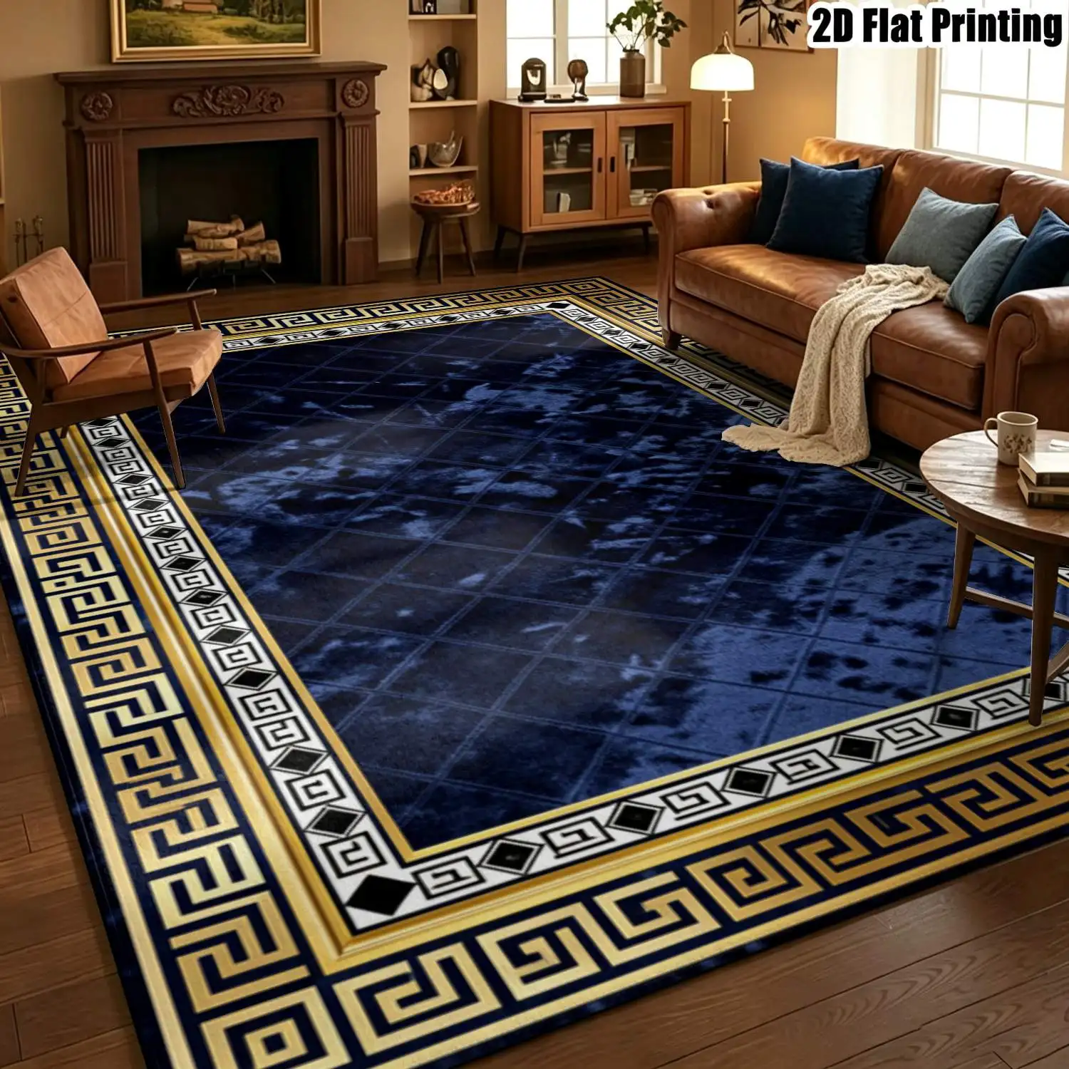 1Pc 2D Printed Navy Blue Geometric Carpet: European Modern Minimalist Luxury Floor Mat, Home Decor, Multi-Size, Machine Washable, for Entrance, Dining, Foyer, Study, Living Room, Bedroom