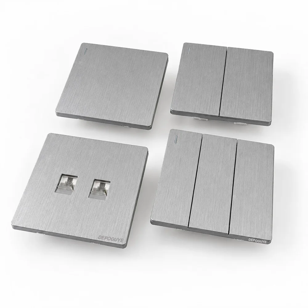 EU French Wall Light Switch Brushed Silver Ultra Thin Panel 1/2 Way European Wall Socket Power Outlet AC 110-250V