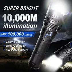 Powerful LED Flashlight Super Bright Spotlight Long Range Zoomable Emergency Torch Outdoor Lamp Lantern Power Display