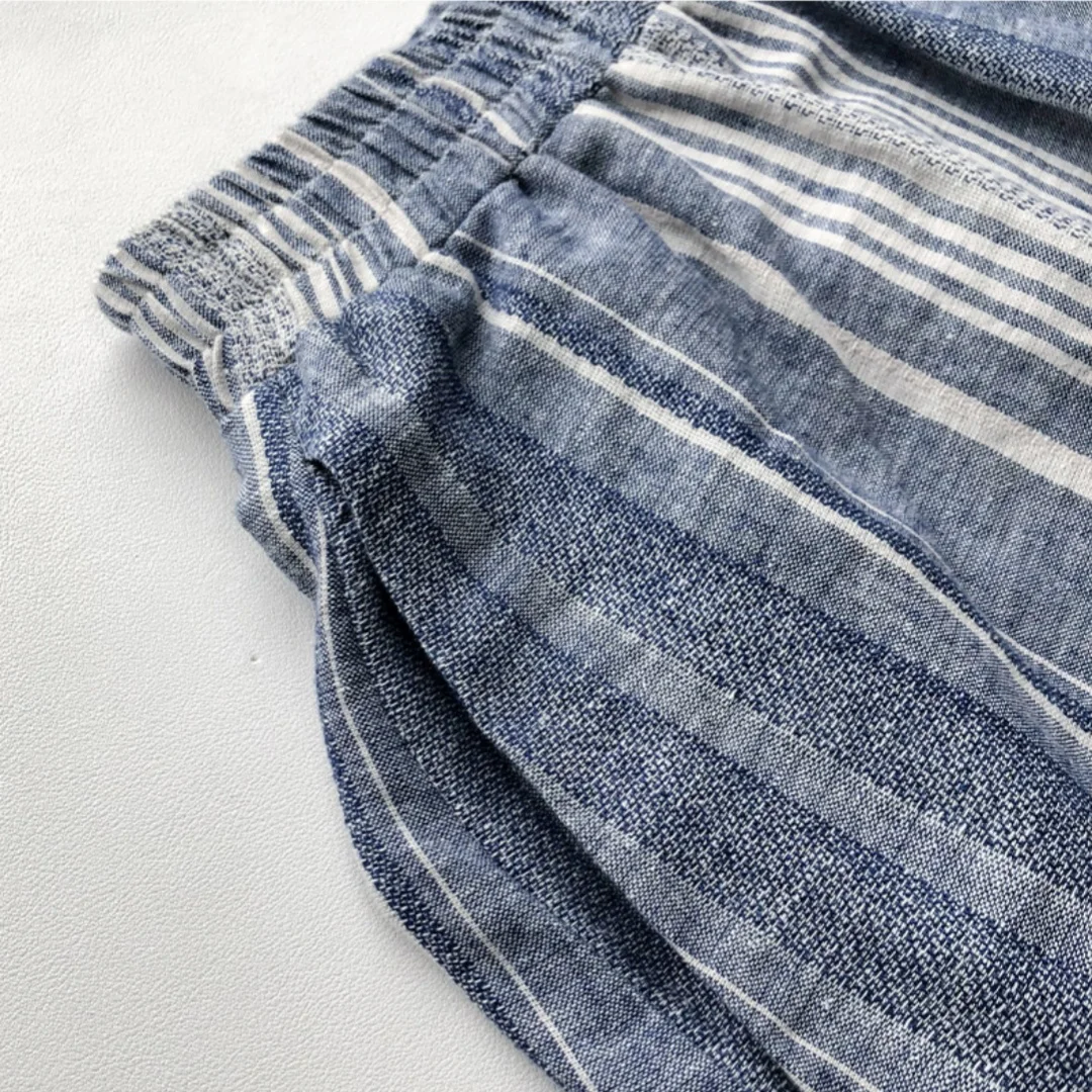 Cotton Linen Blue Striped Skirt Women\'s Thin Elastic Waist Half Loose Skirts with Pocket Design Summer Women Clothing Streetwear