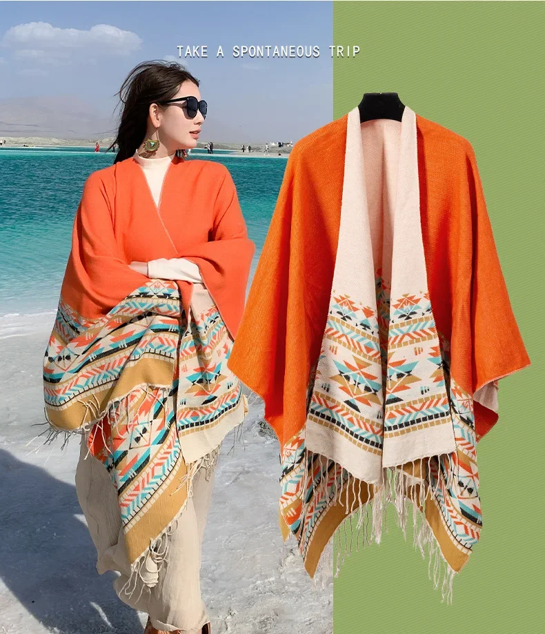 

Bohemian Shawl Tie Dyed Stripe Overlay Imitation Cashmere Cape Ethnic Style Warmth Overlay with Scarf