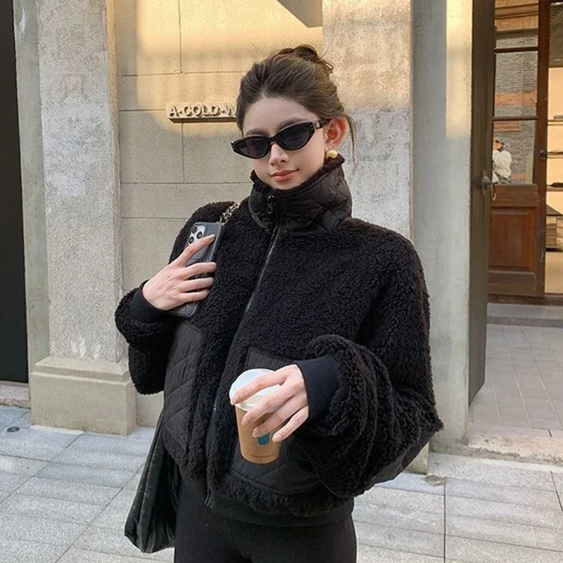 Korean Fashion Fleece Women Jacket Winter New Quilted Patchwork Stand Collar Zip Up Cropped White Warm Loose Streetwear