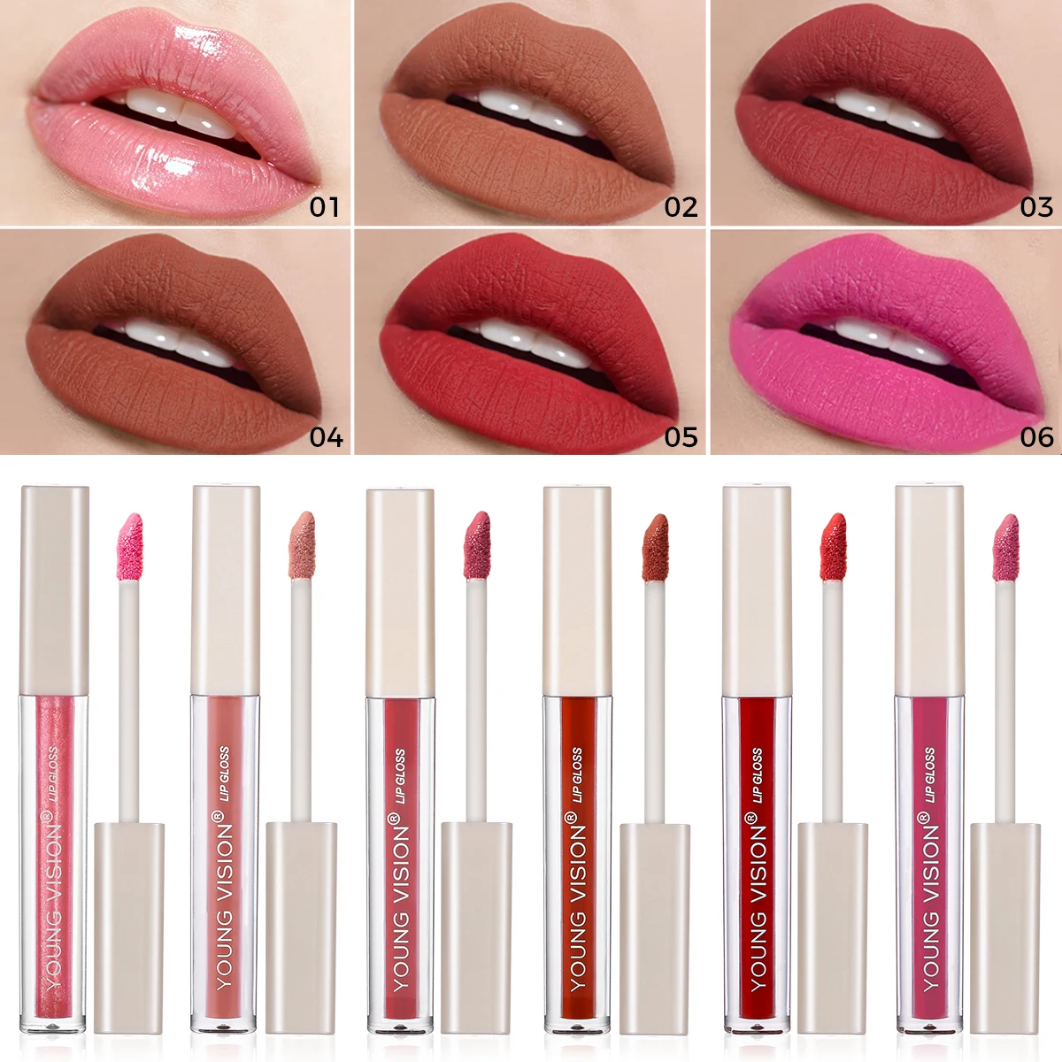 YOUNG VISION 6-Color Pearl Matte Lip Gloss Velvet Lip Gloss Long-Lasting Waterproof Lip Gloss Sensual Women's Lip Gloss