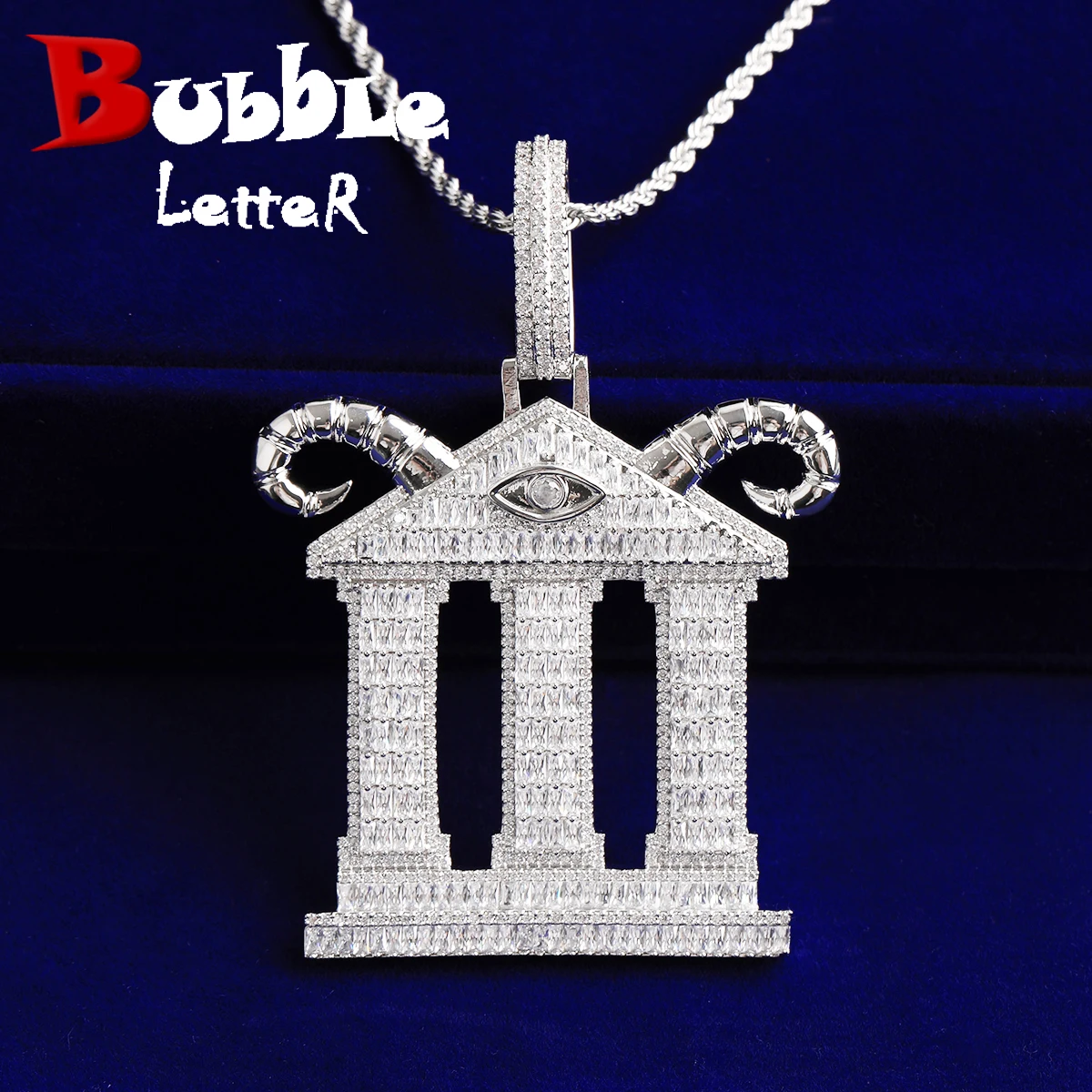 Bubble Letter Iced Out Baguette Cut CZ Stone Greek Pillar Pendant Necklace with Eye of Providence Hip Hop Rapper Jewelry Silve