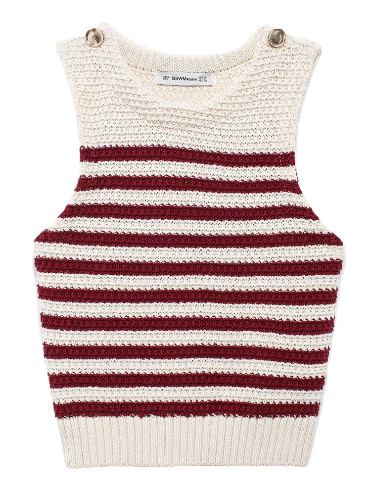 KAOPU ZA Women with gold buttons stripes knit tank top sexy o-neck sleeveless female pullover chic vest