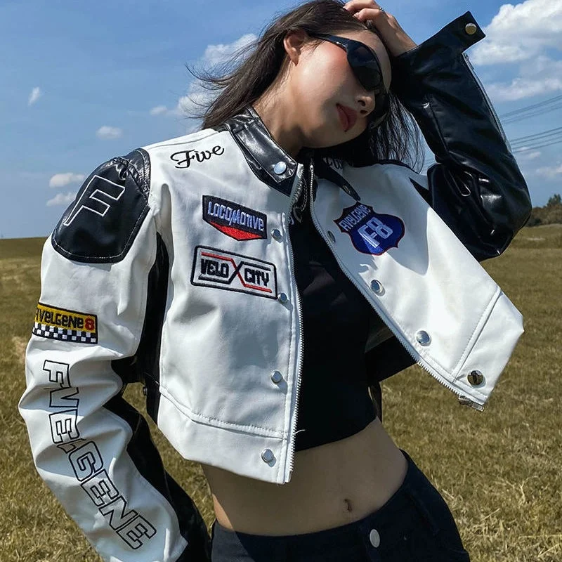 Womens Short PU Jacket Patchwork Motorcycle Pink Leather Jackets Spring Autumn Outerwear Streetwear Harajuku Y2k Coat Female