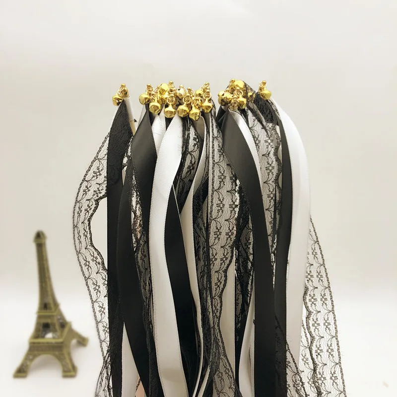 Hot Sell Ribbon Wedding Wands Black Lace with White Ribbon Gold Bell Wedding Party Guest Decoration