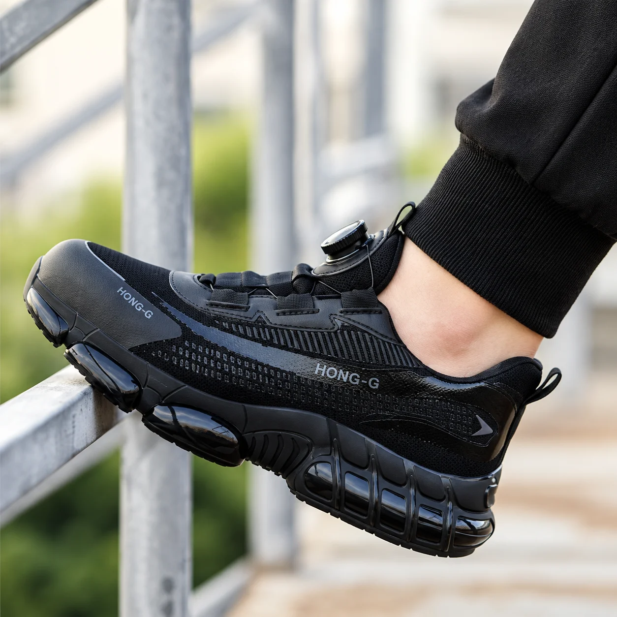 Modische Sicherheitsschuhe und Arbeitsschuhe mit drehbarem Knopfverschluss für Herren, stoßfest, durchtrittsicher, Bergbaustiefel, Herren-Sneaker, Sicherheitsarbeitsschuhe für Herren – Detail 8