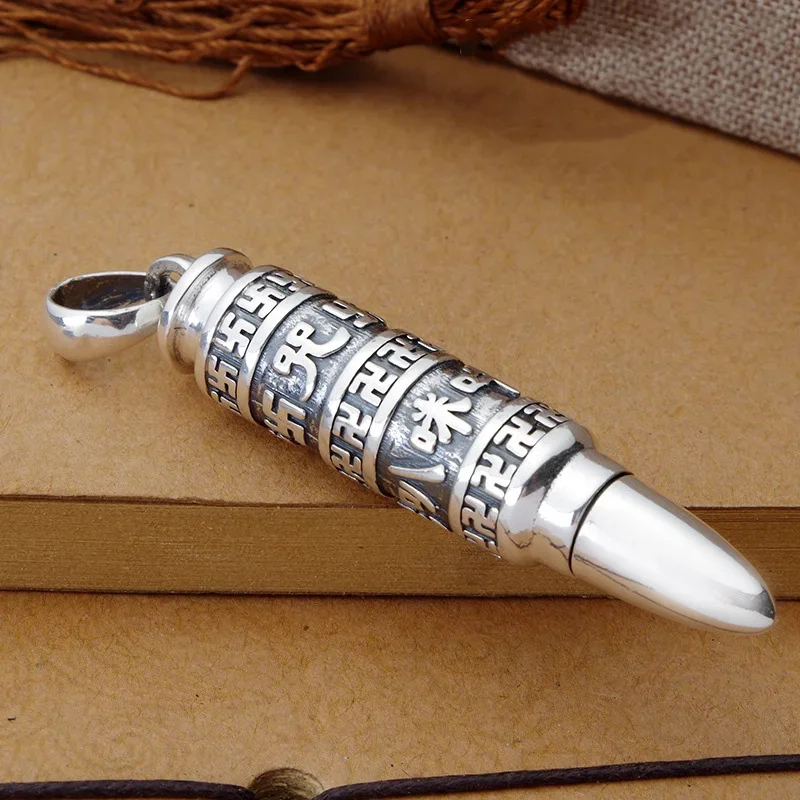 New in silver 925 Ethnic Style Embossed design Six Word Mantra Pendant cylindrical glossy Men's necklaces Simplicity  Jewelry