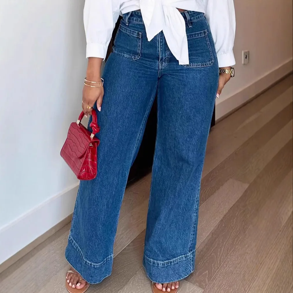 Rechte jeans dames vintage broek vloerlengte hoge taille broek meerdere zakken gewassen noodlijdende 2025, streetwear denims