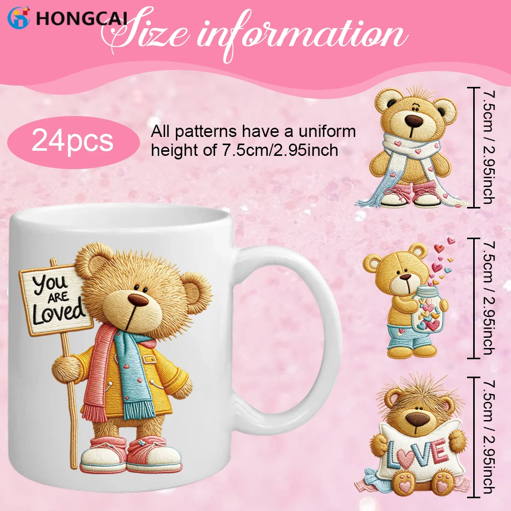 24-Piece Valentine's Day Heart Bear UV DTF Stickers Ideal for Waterproof and Scratch-Resistant Decor on Cups and Furniture