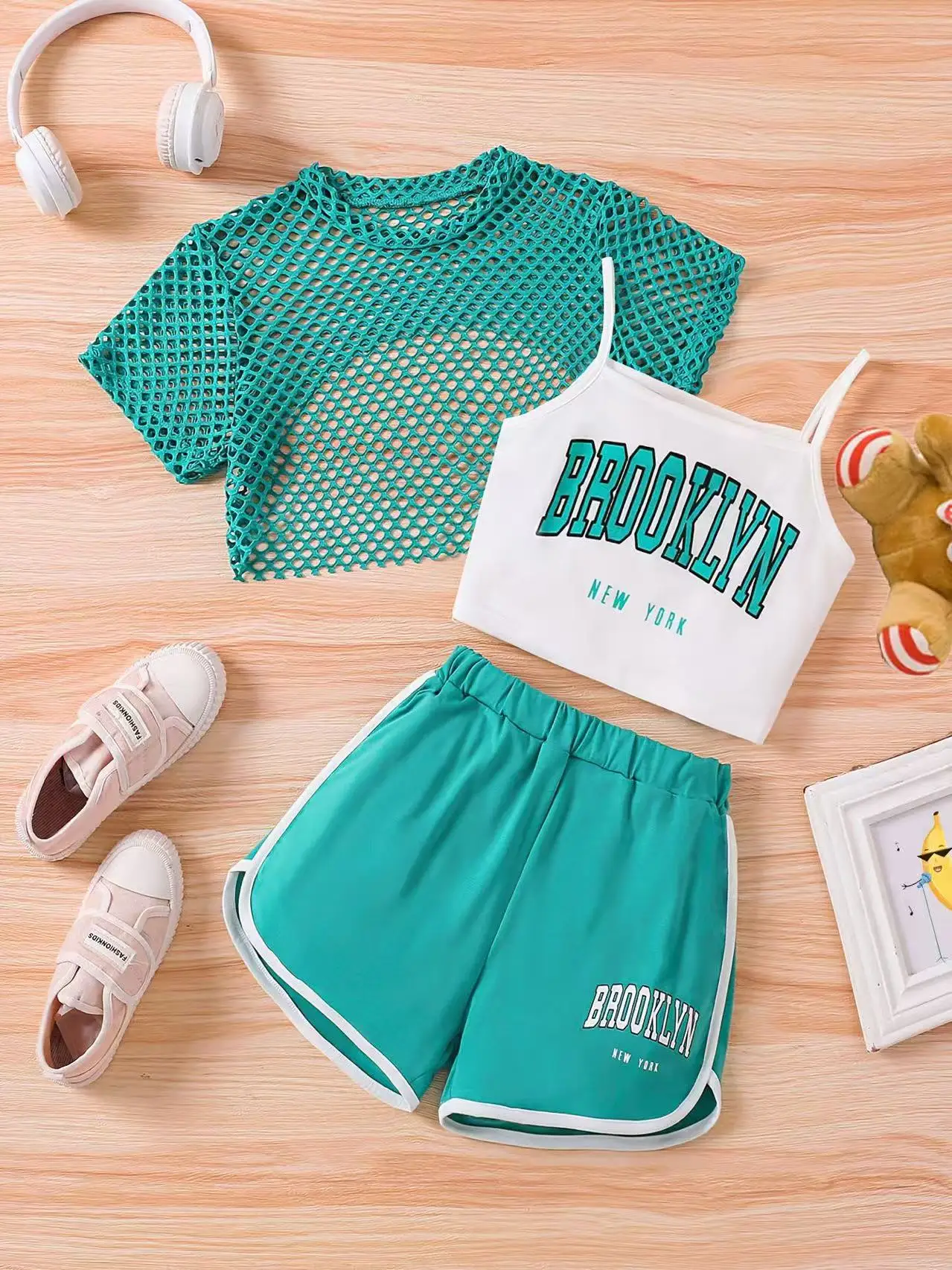 2025 Big Kids Suit Multicolour Girls Fashion Hot Sale Solid Colour Mesh Short Sleeve + Letter Print Camisole Shorts 3 Piece Set