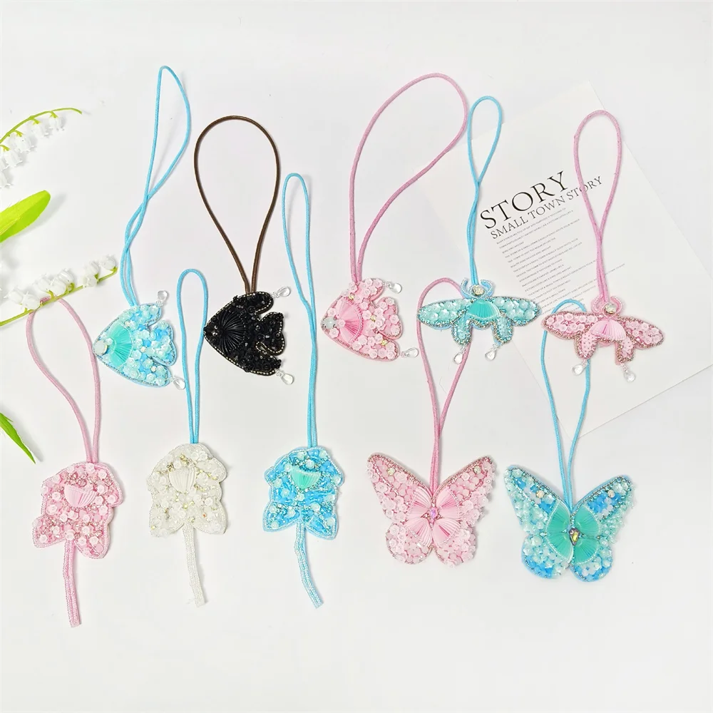 3D Rhinestone Beaded Flowers Coconut Trees Keychains Hanging Rope Stickers DIY Bag Lanyard Clothing Accessories Applique Patch - view 2