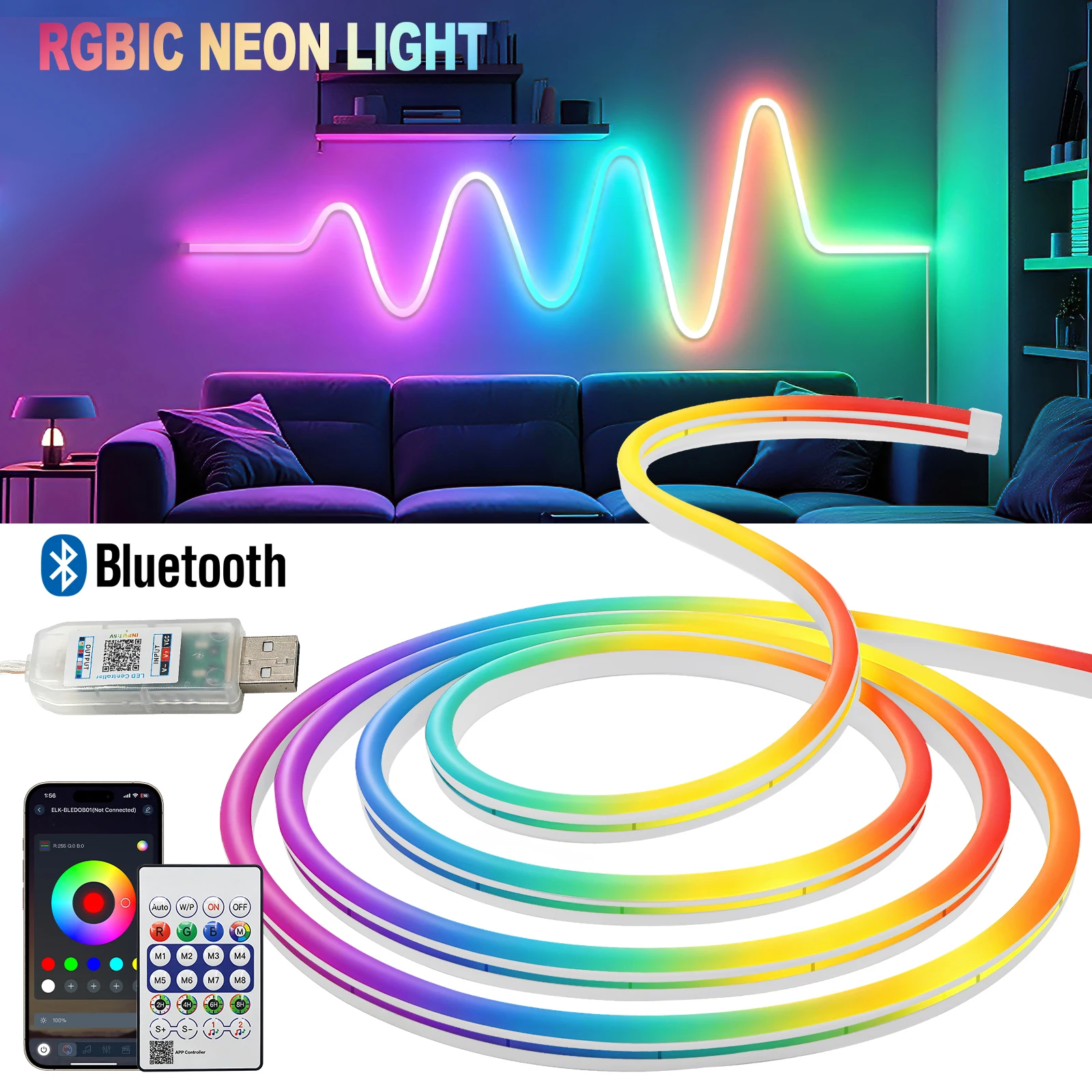 5M WS2812B RGB Neon Light DC5V RGBIC Dream Color Neon Strip Bluetooth USB Flexible Ribbon Tape Living room Room Decoration