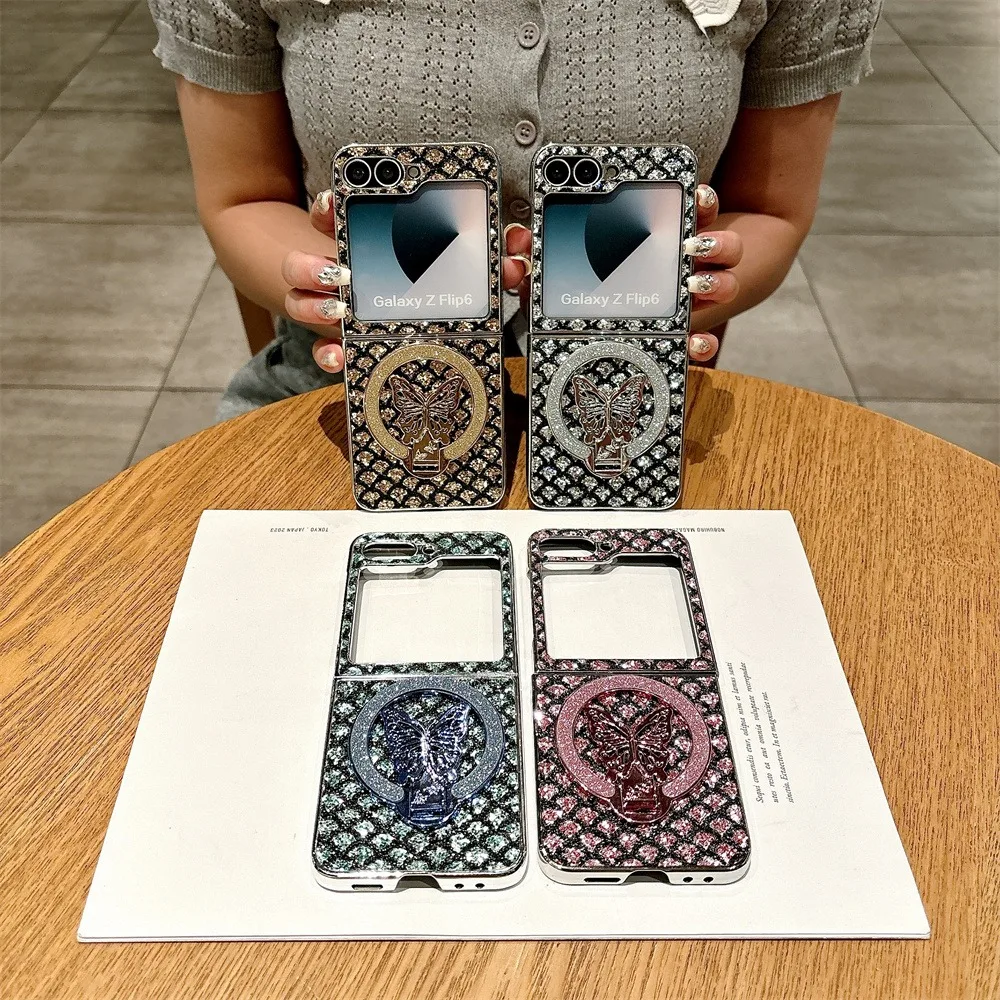 Electroplated Magnetic Leather Phone Case for Samsung Z Flip 6 5 4 3 Flip6 Flip5 Flip4 Flip3 Butterfly Bracket Protective Cover image 6