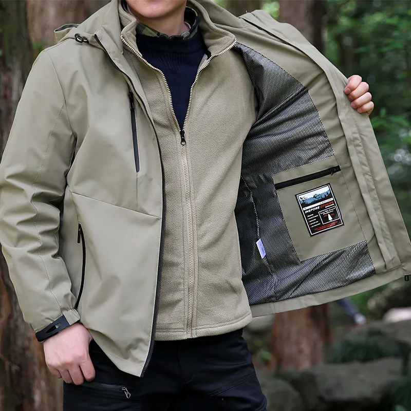 Autumn Winter Man Jacket Windproof Warm Detachable Three-in-one Male Hooded Coat Long Sleeve Zipper Outdoor Men Outerwear