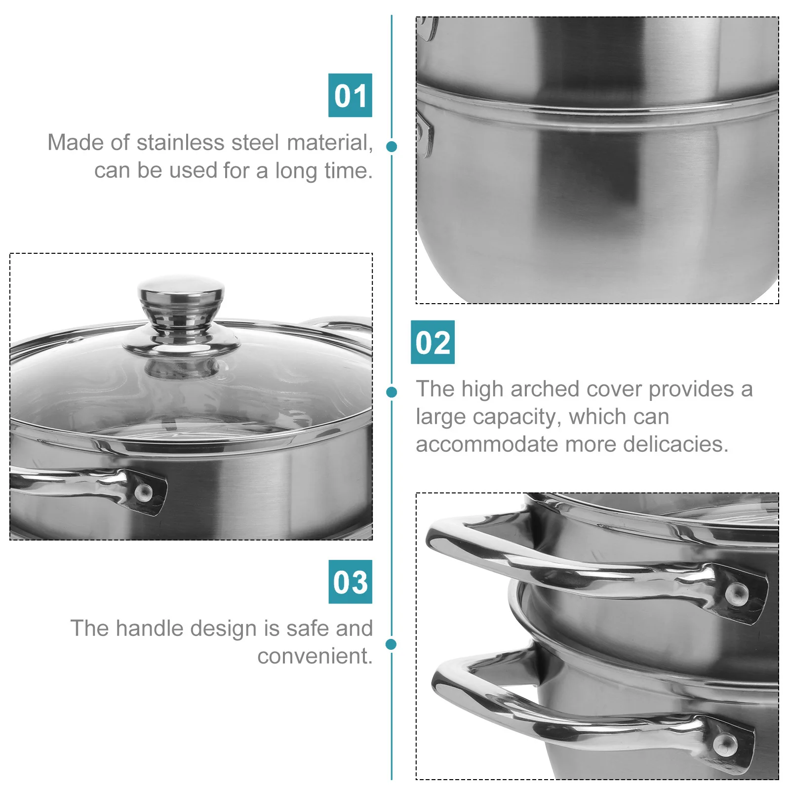 

1Pcs Stainless Steel Double-Layered Steam Pot High Arched Cover Large Capacity Steamer Practical Cooking Utensil