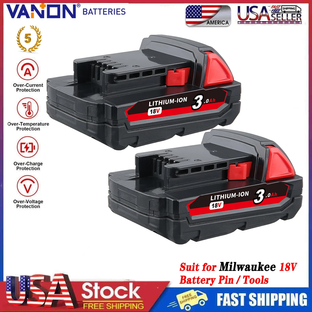 

VANON 2Pcs M18 3.0Ah Power Tool Battery XC 18V Replace for Milwaukee M18B5 48-11-1815 48-11-1860 M18B2 M18B4 Battery pin