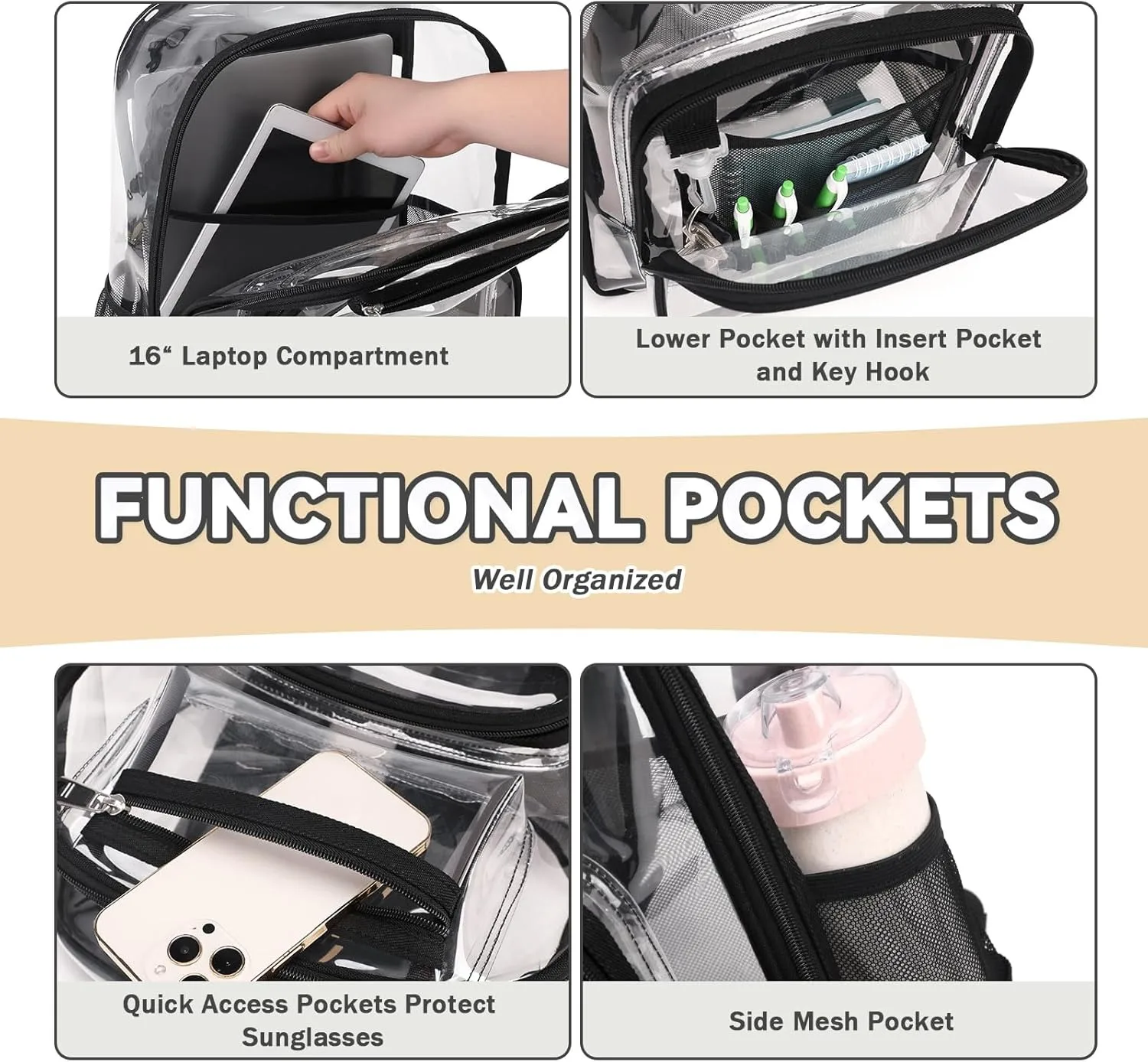 กระเป๋าเป้สะพายหลังใส Heavy Duty TPU ดูผ่านกระเป๋าเป้สะพายหลังโรงเรียนสนามได้รับการอนุมัติตรวจสอบความปลอดภัยอย่างรวดเร็ว See Through Bookbag