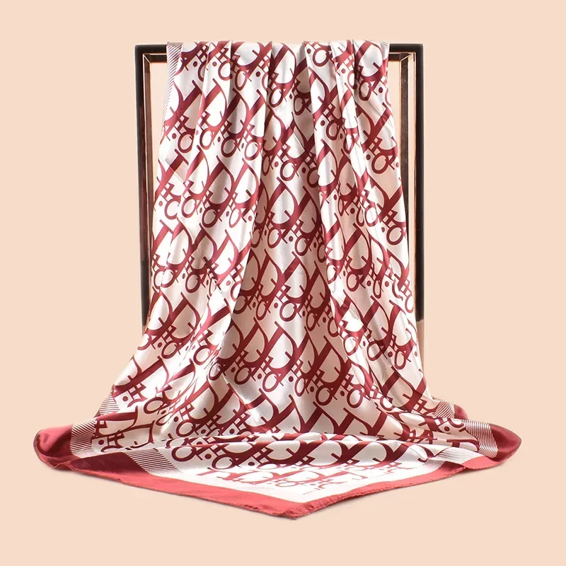 

New Hot Sale Of The Season Fashionable Printed Silk Scarf Sun Protection Simulation Silk Letter Design 90 Colors Large Square Sc