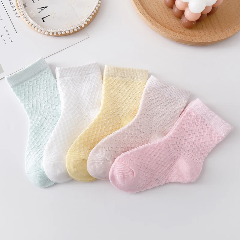 5 Pairs/Lot Children's Mesh Socks Thin Girls' Solid Color Mid Length Casual Socks Breathable 1-8 Years