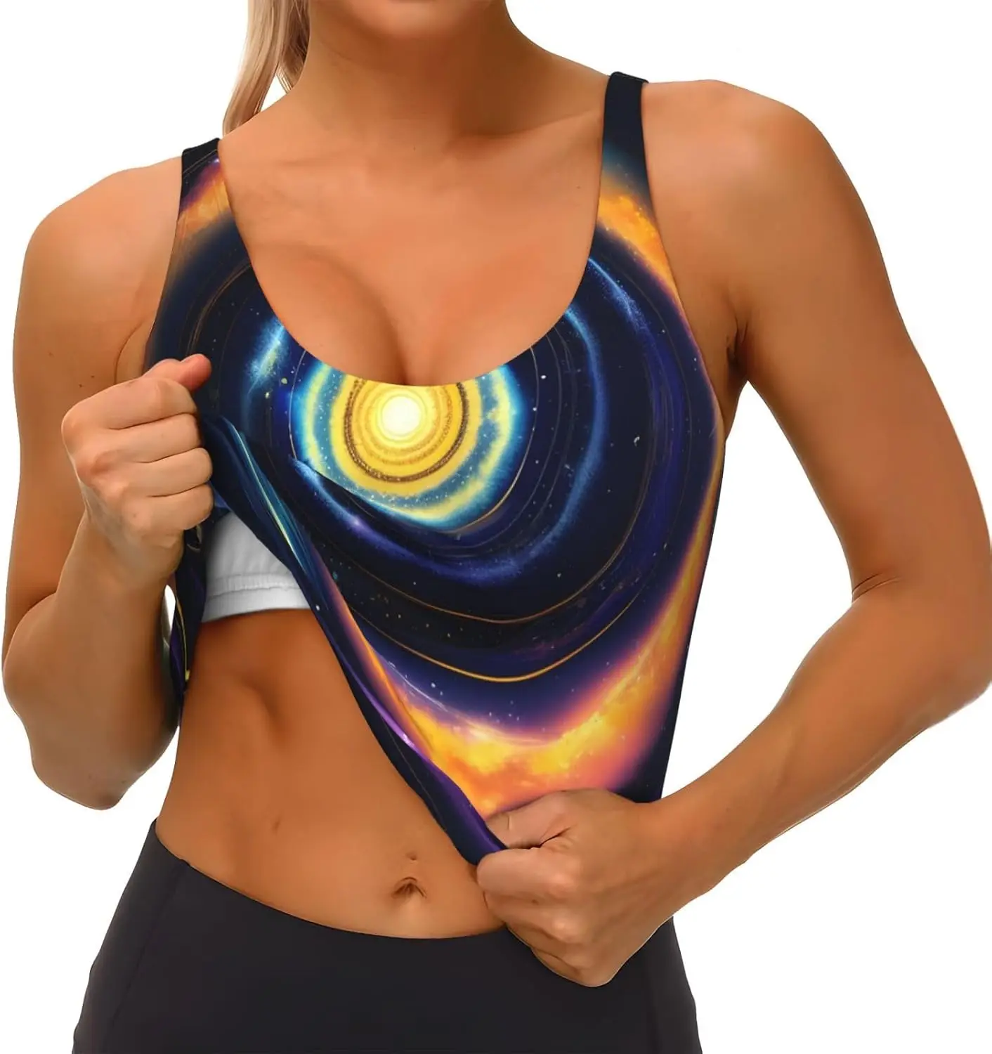 レディース スペース スパイラル コズミック エネルギー プリント スポーツ タンク トップ、取り外し可能なパッド付き軽量ヨガ ベスト